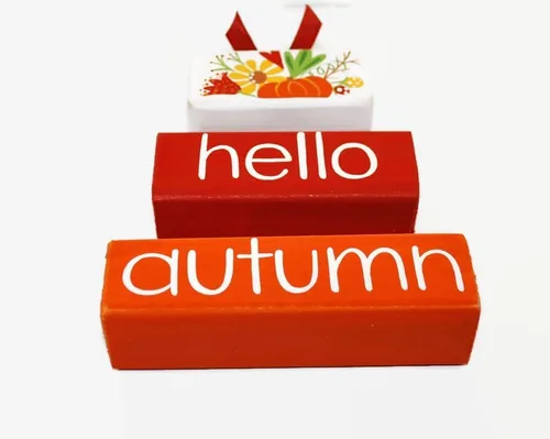 Vista 4 de Pumpkin Hello Autumn WoodenBlock Shelf Sitter Stack Tiered Tray Office Mantel Sign Décor Fall Red Orange