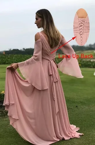 Vista 2 de Vestido de dama de honor de gasa de manga larga con hombros descubiertos y abertura para mujer