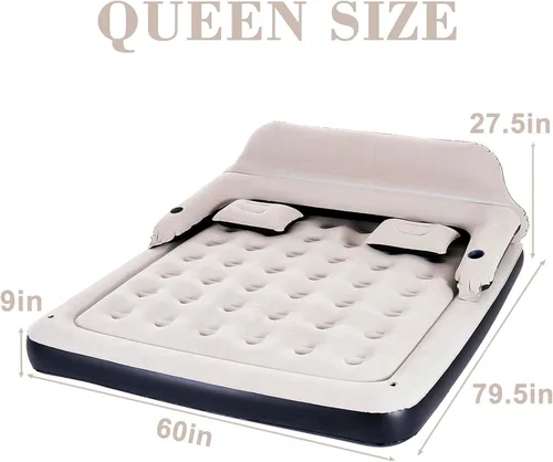 Vista 6 de Cama inflable de colchón de aire tamaño Queen con cabecero y almohadas, sofá cama inflable