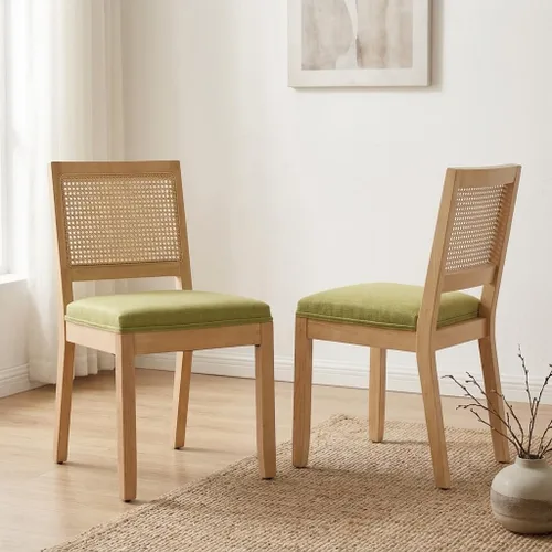 Vista 25 de French Country Dining Chairs Set of 2, Linen Upholstered Cane Back, Amber Soft linen upholstered seat with thick foam padding provides comfortable