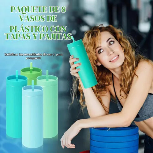 Vista 4 de Baderke - Paquete de 8 vasos delgados de 16 onzas a granel con tapa y Verde oscuro