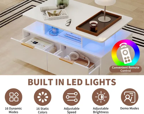 Vista 4 de Garvee Mesa auxiliar LED con almacenamiento, mesas centrales de alto brillo de 35 pulgadas con 4 cajones y estante abierto, mesa de sofá rectangular