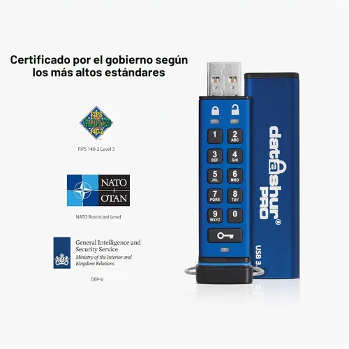 Vista 2 de iStorage datAshur PRO 4 GB Memoria USB encriptada Certificación FIPS 140-2 Nivel 3 Protegida con contraseña Resistente al polvo y al agua