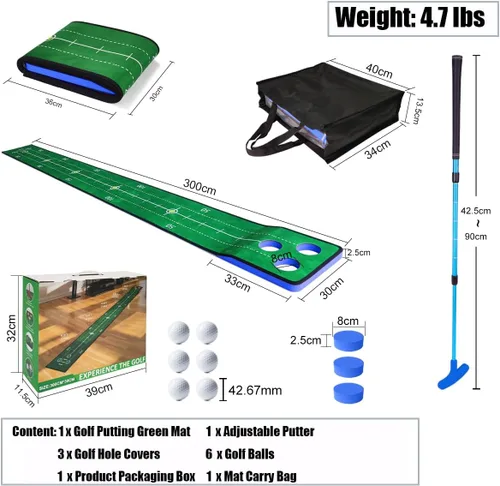 Vista 2 de Juego de putting de golf, juego de putting verde para interiores, tapete de golf desmontable, incluye 1 putter, 6 pelotas de golf, 3 tazas de golf