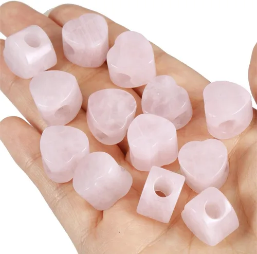 Vista 2 de TUMBEELLUWA Cuentas de piedra para hacer joyas, cuentas sueltas con forma de corazón de cristal curativo con agujero grande, paquete de 15, cuarzo