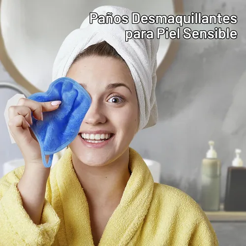 Vista 2 de KODAMO Paño removedor de maquillaje, almohadillas removedoras de maquillaje reutilizables, lavables con bolsa de malla, paños de microfibra para Azul