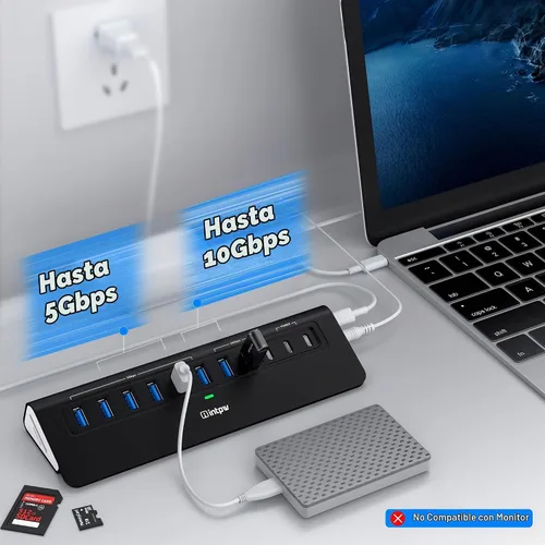 Vista 3 de Hub USB alimentado de 10 Gbps, intpw YH9AC Plus 13 puertos USB 3.2 Hub