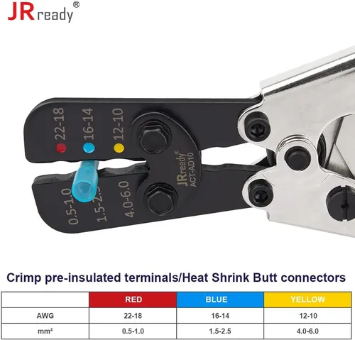 Vista 4 de JRready ACT-AD10 - Herramienta de crimpado de trinquete, crimpadora de cables de 22 a 10 AWG para conectores a tope termorretráctiles y terminales