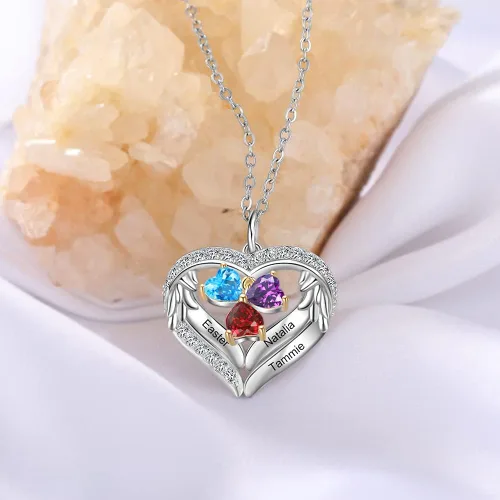 Vista 5 de lorajewel Collar personalizado con piedras natales simuladas en forma de corazón de familia grabado con nombres colgantes para abuela mamá esposa