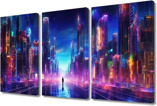 Vista 48 de Lienzo decorativo para pared de sala de estar, lienzo Cyberpunk, decoración de pared de 3 paneles, decoración de pared para el hogar, dormitorio
