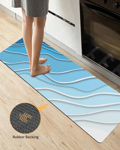 Vista 4 de Tapete de baño geométrico azul para bañera, antideslizante, de secado rápido y absorbente, de tierra de diatomeas, para fregadero de cocina