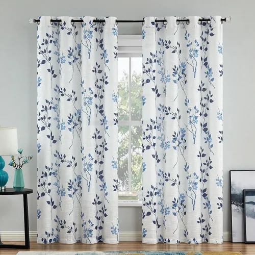 Vista 19 de Beauoop Juego de 2 cortinas semitransparentes de lino floral para sala de Clásico azul y gris
