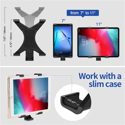 Vista 3 de MoKo Soporte para tablet, adaptador de trípode ajustable de 7 a 11 pulgadas, compatible con iPad, Galaxy Tab y más, negro (trípode no incluido)