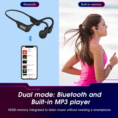 Vista 3 de August Auriculares de conducción ósea Bluetooth 5.3 Open Ear EP400 con micrófono y reproductor MP3 de 16 GB, ligeros inalámbricos e impermeables