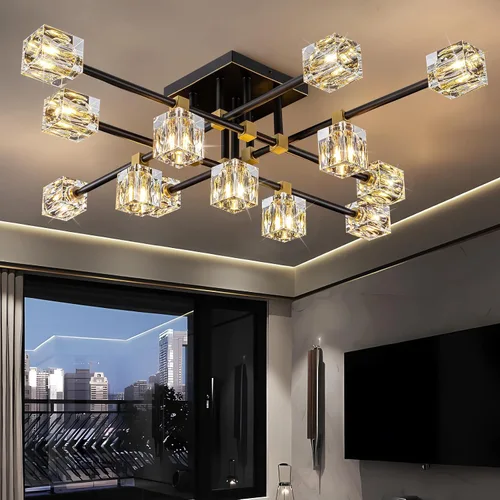 Vista 12 de Candelabro de Cristal Negro, Lámparas de Araña Sputnik con 12 Luces, Lámpara de Techo Moderna Ajustable en Altura Semiempotrada para Comedor, Isla