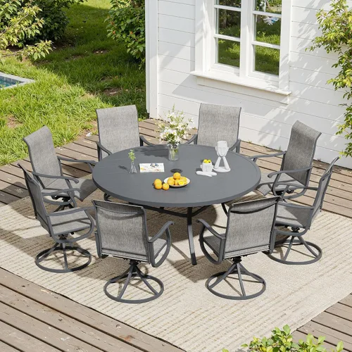 Vista 63 de VICLLAX Muebles pequeños de exterior de 3 piezas, 2 sillas giratorias de patio y mesa redonda pequeña para 2, sillas de carbón oscuro y negro