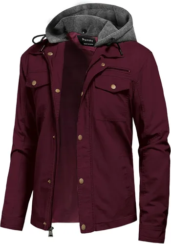 Vista 8 de Pursky Chaqueta de lona de algodón militar casual para hombre con capucha desmontable