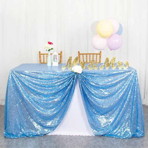 Vista 23 de ShiDianYi Mantel redondo de lentejuelas azul bebé de 72 pulgadas, mantel de lentejuelas con purpurina para pastel de postre con purpurina, mantel
