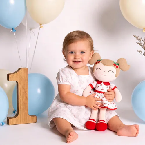 Vista 6 de Gloveleya Muñeca bebé niña regalos juguetes de peluche muñecas suaves regalos bebé niña cereza rojo 15 pulgadas con caja de regalo Nuevo