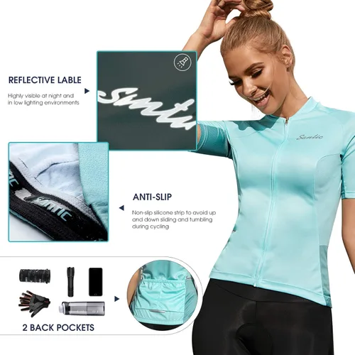 Vista 3 de Santic Camiseta de ciclismo de manga corta para mujer, con cremallera completa, con 3 bolsillos, transpirable, de secado rápido