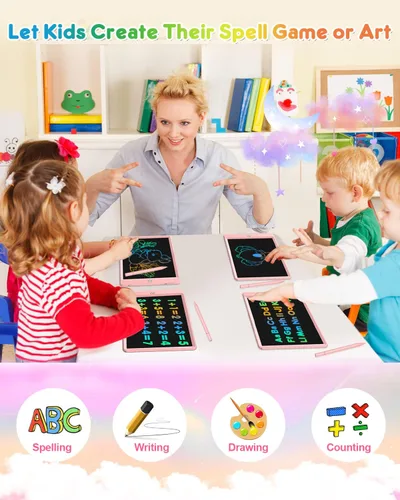 Vista 3 de FLUESTON Tableta de escritura LCD para niños, tablero de garabatos de 10 pulgadas, almohadilla de dibujo colorida para niños pequeños, juguetes Rosa