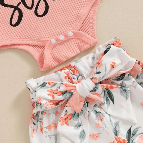 Vista 4 de Traje de tía para bebé recién nacida, camiseta de manga corta acanalada, pantalones cortos florales con diadema