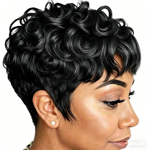 Vista 14 de Pelucas cortas de corte Pixie para mujeres negras, pelucas de corte Pixie con flequillo, negro mezclado con marrón, pelucas rizadas cortas