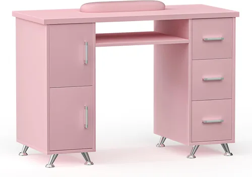 Vista 15 de Mesa de manicura, mesa de uñas, estación de mesa de uñas, resistente a acetona, cojín de muñeca, 3 cajones y 2 gabinetes Acetone-resistant