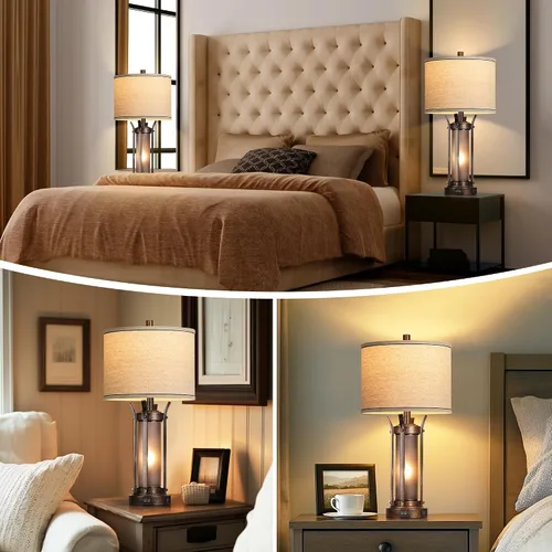 Vista 6 de QiMH - Lámparas de mesa de 26 pulgadas para sala de estar, rústicas, color bronce USB A+C Charging Ports, 4 Bulbs Included, Farmhouse Nightstand