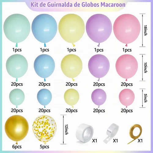 Vista 2 de Juego de 216 guirnaldas de globos arcoíris pastel, kit de arco de globos de látex coloridos para cumpleaños, baby shower, boda, compromiso, Pastel