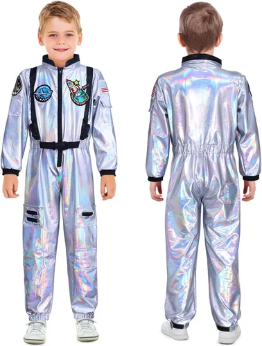 Vista 2 de Latocos Kids Astronaut Costume with Helmet Laser Space Suit for Halloween Boys Girls Pretend Role Play Dress Up Ages 5-14