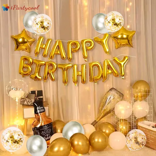 Vista 5 de iPartycool 36 decoraciones de cumpleaños, pancarta de cumpleaños, globos de papel de aluminio 3D, globos metálicos de confeti de estrella grande Oro