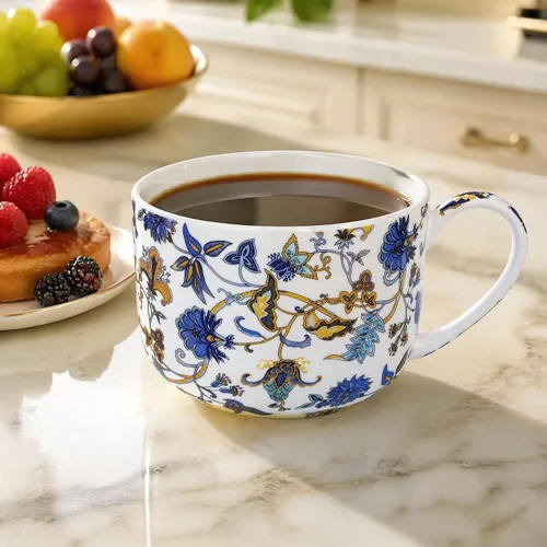 Vista 6 de Tazones de sopa de 25 onzas de porcelana con mangos, taza grande de sopa para café, cereal, avena, café con leche, sopa floral, taza de sopa