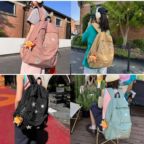 Vista 6 de Mochila Kawaii con bonitos accesorios, patrones de estrellas y material de nailon duradero, Negro 1, Kawaii