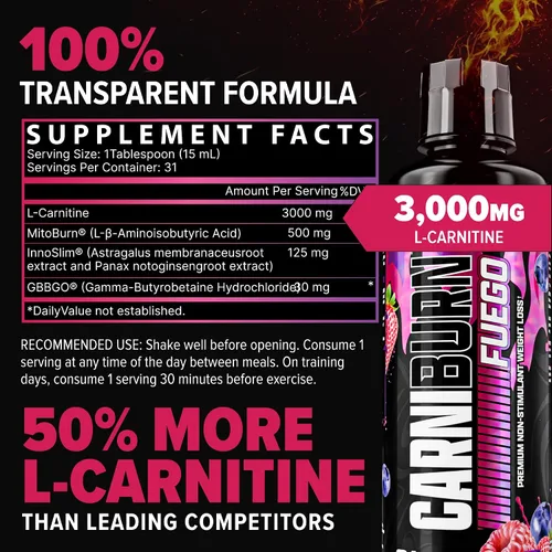 Vista 3 de Nutrex Research CARNIBURN Advanced L Carnitina líquida 3000mg con MitoBurn, InnoSlim y GBBGO (31 porciones, Berry Blast)