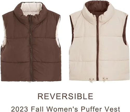Vista 3 de Chaleco corto de invierno para mujer, ligero, reversible, cálido, chaleco acolchado, chaleco acolchado