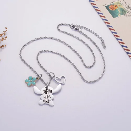 Vista 2 de Ralukiia - Collar con la frase "Ohana mean family", llavero con forma de Stitch, regalos de joyería para niños y niñas