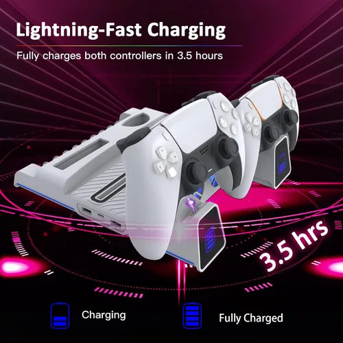 Vista 4 de NexiGo Soporte para PS5 con luz LED RGB ranura para disco duro auriculares y soportes remotos estación de carga de doble controlador para consola