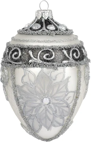 Vista 13 de Fabergé Huevo - Adorno para árbol de Navidad de vidrio soplado de 5 pulgadas, diseño de flor de pascua, color borgoña mate, 5 pulgadas