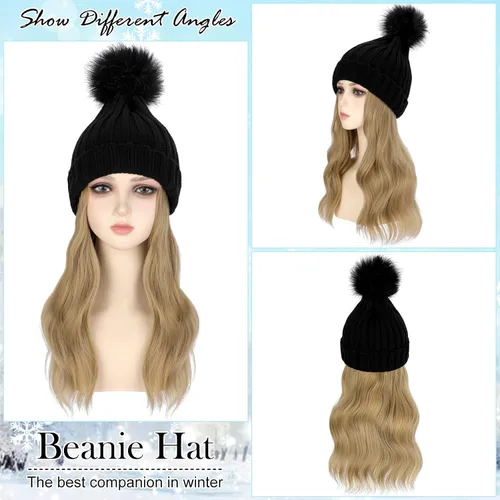 Vista 2 de Gorro de peluca con extensiones de cabello largo ondulado – Gorro de punto acanalado con pompón unido 14 pulgadas rizado sintético postizo