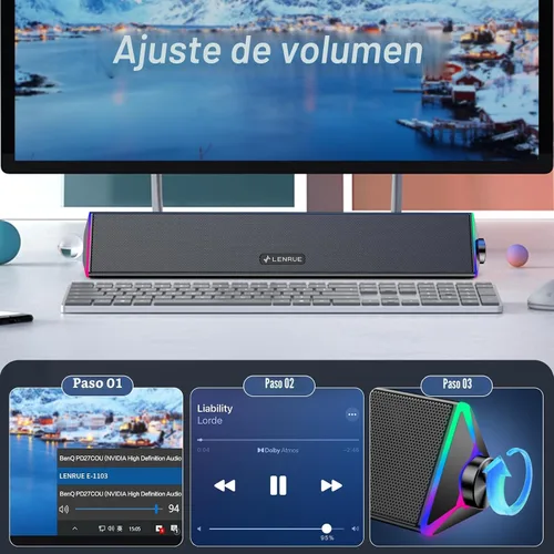 Vista 4 de LENRUE Altavoces de computadora para escritorio, altavoces de PC con un solo USB para alimentación y sonido estéreo, luces táctiles, altavoces