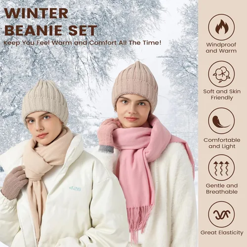 Vista 7 de Conjunto de gorro de invierno para mujer + bufanda larga + guantes para pantalla táctil, conjunto de ropa cálida con forro polar de punto