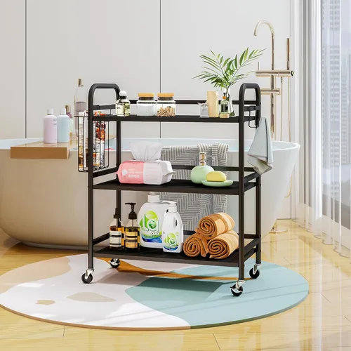Vista 8 de HDANI Carrito de metal rodante de 3 niveles, carrito multiusos de alta capacidad resistente para oficina, cocina, sala de estar, dormitorio, negro