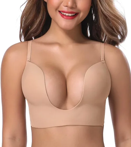 Vista 7 de JOATEAY Sujetador de inmersión profunda Push Up Sujetador sin aros de corte bajo Beige