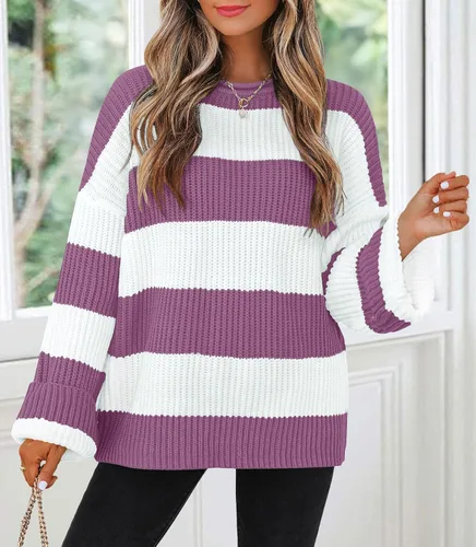 Vista 70 de ZESICA Suéter tejido sin botones de manga larga y cuello redondo, a rayas, bloques de color, cómodo, holgado, talla extragrande para mujer de 2024