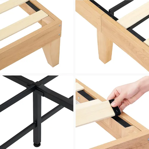 Vista 5 de coucheta Base de cama matrimonial de madera maciza de 12.4 pulgadas con cabecera de ratán natural, plataforma de tamaño matrimonial con luces LED