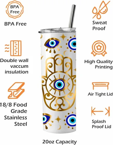 Vista 4 de Evil Eye Tumbler With Lid And Straw 20oz Spiritual Gifts For Women Coffee Tumbler For Women Stainless Steel Vacuum Tumbler Travel Drinking Cups With