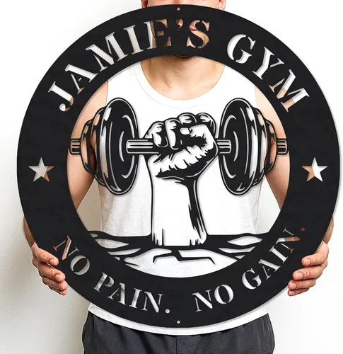 Vista 25 de Cartel de metal personalizado para gimnasio con nombre, arte de pared para sala de entrenamiento en casa, garaje, espacio de fitness, decoración