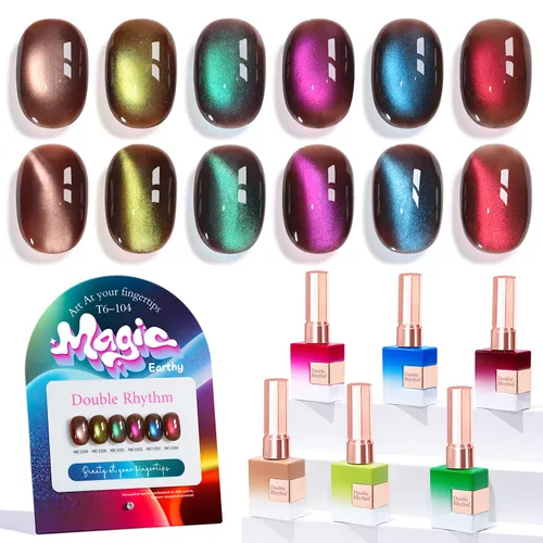 Vista 10 de Double Rhythm - Juego de esmalte de uñas de gel ojo de gato de 6 unidades, mismo color, misma botella, 14.8 ml, brillo con glitter, con imán Aurora