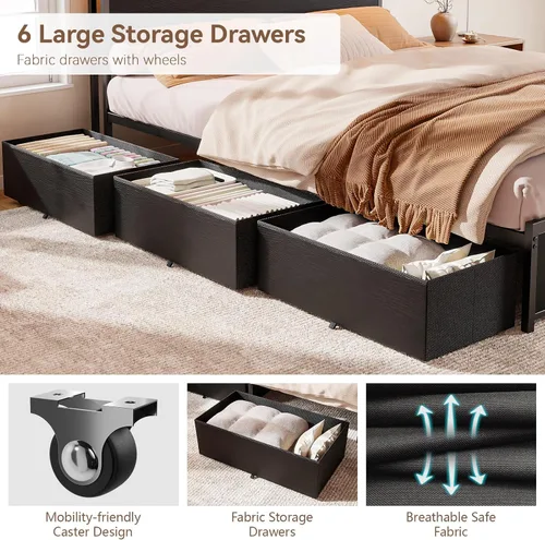 Vista 6 de Forestell Full Size Bed Frame with Storage Headboard & 6 Drawers, Metal Platform Bed Frame with LED Lights & Charging Station, 2 Tier Shelf Storage
